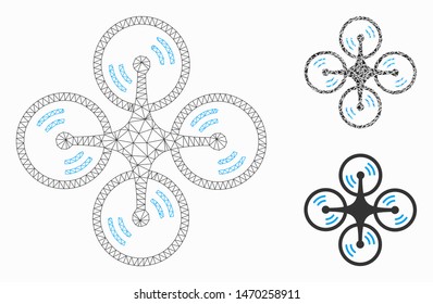 Mesh quadcopter screw rotation model with triangle mosaic icon. Wire frame triangular mesh of quadcopter screw rotation. Vector mosaic of triangle elements in various sizes, and color shades.