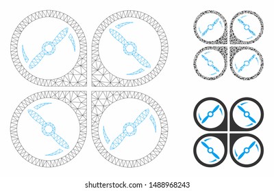 Mesh quadcopter screws rotation model with triangle mosaic icon. Wire frame triangular mesh of quadcopter screws rotation. Vector mosaic of triangles in various sizes, and color tints.