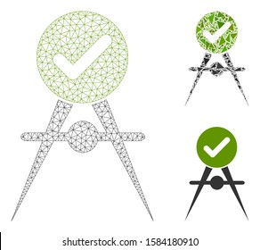 Mesh quality control model with triangle mosaic icon. Wire carcass triangular network of quality control. Vector mosaic of triangle elements in variable sizes, and color tinges.