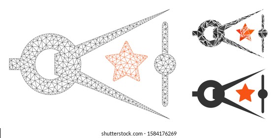 Mesh quality inspection model with triangle mosaic icon. Wire carcass triangular mesh of quality inspection. Vector composition of triangle elements in different sizes, and color tones.