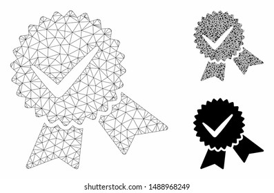 Mesh quality model with triangle mosaic icon. Wire frame triangular mesh of quality. Vector mosaic of triangle parts in various sizes, and color shades. Abstract 2d mesh quality,