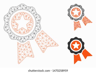 Mesh quality seal model with triangle mosaic icon. Wire frame triangular mesh of quality seal. Vector composition of triangle elements in different sizes, and color tints.