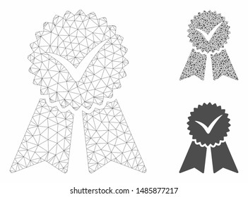 Mesh quality seal model with triangle mosaic icon. Wire carcass triangular mesh of quality seal. Vector mosaic of triangle parts in variable sizes, and color hues. Abstract flat mesh quality seal,