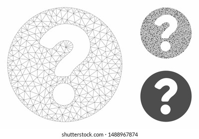 Mesh question model with triangle mosaic icon. Wire carcass triangular mesh of question. Vector mosaic of triangle elements in different sizes, and color shades. Abstract flat mesh question,