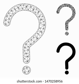 Mesh question sign model with triangle mosaic icon. Wire frame triangular mesh of question sign. Vector collage of triangle parts in various sizes, and color shades. Abstract flat mesh question sign,