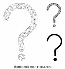 Mesh question sign model with triangle mosaic icon. Wire carcass triangular mesh of question sign. Vector mosaic of triangle elements in various sizes, and color tinges.