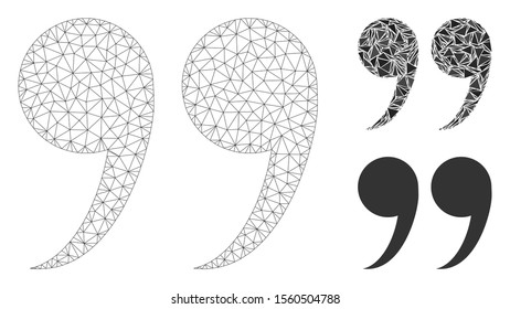 Mesh quote symbol model with triangle mosaic icon. Wire carcass triangular mesh of quote symbol. Vector mosaic of triangle elements in different sizes, and color tinges.