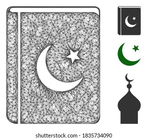 Mesh quran book polygonal web icon vector illustration. Carcass model is based on quran book flat icon. Triangular mesh forms abstract quran book flat carcass.