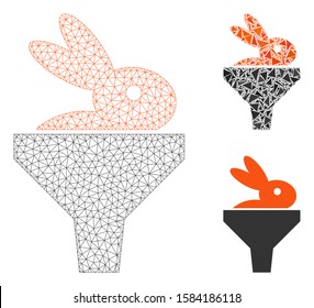 Mesh rabbit puree funnel model with triangle mosaic icon. Wire frame polygonal network of rabbit puree funnel. Vector mosaic of triangle elements in variable sizes, and color tones.
