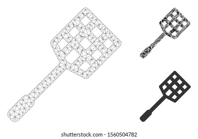 Mesh racket model with triangle mosaic icon. Wire frame polygonal mesh of racket. Vector mosaic of triangles in variable sizes, and color tones. Abstract 2d mesh racket, designed with polygonal grid.