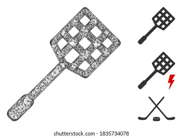 Mesh racket polygonal web icon vector illustration. Carcass model is based on racket flat icon. Triangular mesh forms abstract racket flat carcass.