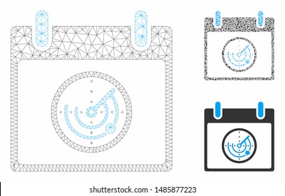 Mesh radar calendar day model with triangle mosaic icon. Wire carcass polygonal mesh of radar calendar day. Vector mosaic of triangle elements in various sizes, and color tints.