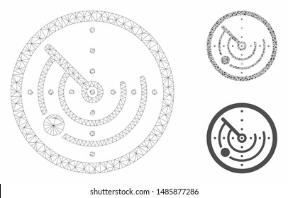 Mesh radar model with triangle mosaic icon. Wire carcass triangular mesh of radar. Vector mosaic of triangle elements in various sizes, and color hues. Abstract flat mesh radar,