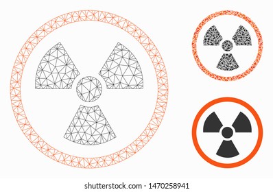 Mesh radiation danger model with triangle mosaic icon. Wire frame polygonal mesh of radiation danger. Vector mosaic of triangles in variable sizes, and color tinges.