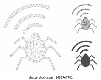 Mesh radio bug model with triangle mosaic icon. Wire frame polygonal mesh of radio bug. Vector mosaic of triangles in various sizes, and color shades. Abstract flat mesh radio bug,