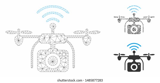 Mesh radio camera drone model with triangle mosaic icon. Wire frame polygonal mesh of radio camera drone. Vector mosaic of triangle parts in various sizes, and color tints.