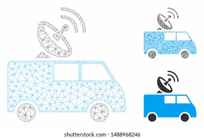 Mesh radio control car model with triangle mosaic icon. Wire frame polygonal network of radio control car. Vector mosaic of triangle elements in different sizes, and color tints.