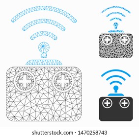 Mesh radio control device model with triangle mosaic icon. Wire frame triangular mesh of radio control device. Vector mosaic of triangle parts in variable sizes, and color tinges.