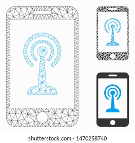 Mesh radio control smartphone model with triangle mosaic icon. Wire carcass polygonal mesh of radio control smartphone. Vector mosaic of triangle elements in different sizes, and color tinges.