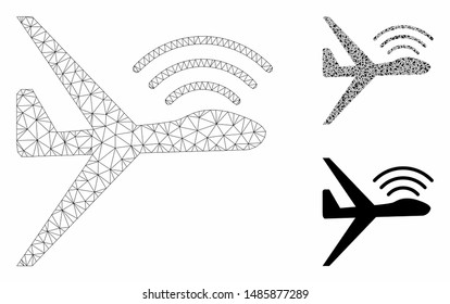 Mesh radio control uav model with triangle mosaic icon. Wire frame polygonal mesh of radio control uav. Vector composition of triangles in various sizes, and color hues.