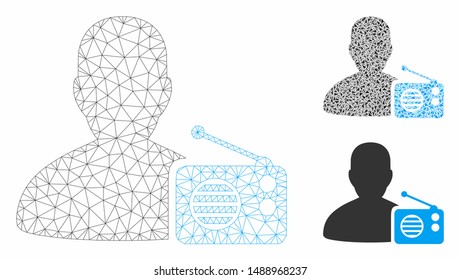 Mesh radio dictor model with triangle mosaic icon. Wire carcass polygonal mesh of radio dictor. Vector mosaic of triangle elements in various sizes, and color hues. Abstract 2d mesh radio dictor,