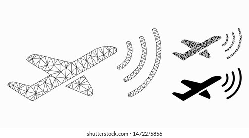 Mesh radio intelligence airplane model with triangle mosaic icon. Wire frame polygonal mesh of radio intelligence airplane. Vector mosaic of triangle elements in different sizes, and color tinges.