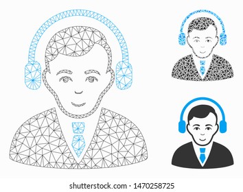 Mesh radio manager model with triangle mosaic icon. Wire frame polygonal mesh of radio manager. Vector mosaic of triangle elements in different sizes, and color shades. Abstract 2d mesh radio manager,
