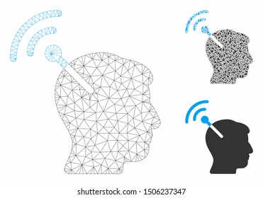 Mesh radio neural interface model with triangle mosaic icon. Wire carcass polygonal mesh of radio neural interface. Vector mosaic of triangle elements in variable sizes, and color tones.
