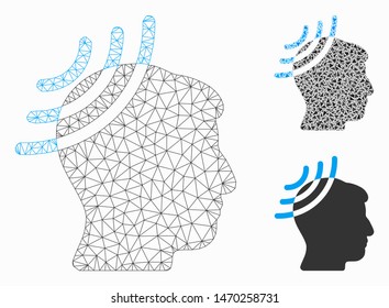 Mesh radio reception head model with triangle mosaic icon. Wire carcass triangular mesh of radio reception head. Vector composition of triangle elements in different sizes, and color hues.