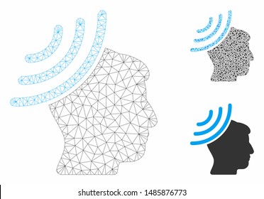 Mesh radio reception mind model with triangle mosaic icon. Wire frame polygonal mesh of radio reception mind. Vector mosaic of triangle parts in various sizes, and color tinges.