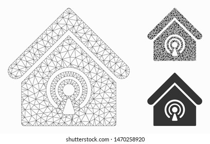 Mesh radio station model with triangle mosaic icon. Wire frame triangular mesh of radio station. Vector mosaic of triangle elements in various sizes, and color tinges. Abstract 2d mesh radio station,