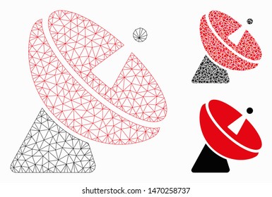 Mesh radio telescope model with triangle mosaic icon. Wire frame polygonal network of radio telescope. Vector mosaic of triangle elements in variable sizes, and color tones.