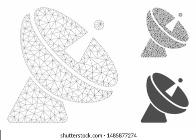 Mesh radio telescope model with triangle mosaic icon. Wire carcass polygonal mesh of radio telescope. Vector mosaic of triangle parts in different sizes, and color shades.