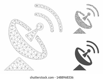 Mesh radio telescope model with triangle mosaic icon. Wire carcass polygonal mesh of radio telescope. Vector composition of triangle parts in various sizes, and color hues.