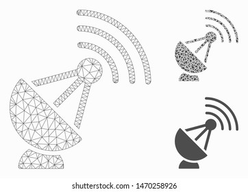 Mesh radio transmitter model with triangle mosaic icon. Wire frame triangular network of radio transmitter. Vector mosaic of triangle parts in various sizes, and color hues.