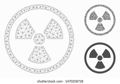 Mesh radioactive model with triangle mosaic icon. Wire carcass polygonal mesh of radioactive. Vector mosaic of triangle elements in variable sizes, and color hues. Abstract 2d mesh radioactive,