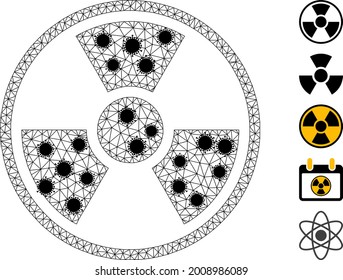 Mesh radioactive symbol polygonal icon vector illustration, with black Covid items. Carcass model is based on radioactive symbol flat icon, with covid nodes and polygonal mesh.