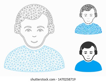 Mesh radioman model with triangle mosaic icon. Wire carcass polygonal mesh of radioman. Vector mosaic of triangle elements in various sizes, and color tones. Abstract 2d mesh radioman,