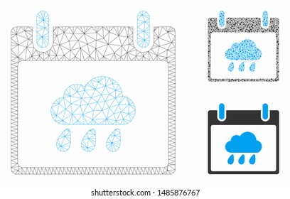 Mesh rain cloud calendar day model with triangle mosaic icon. Wire carcass triangular mesh of rain cloud calendar day. Vector composition of triangle elements in variable sizes, and color hues.