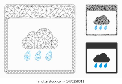 Mesh rain cloud calendar page model with triangle mosaic icon. Wire frame polygonal mesh of rain cloud calendar page. Vector mosaic of triangle parts in various sizes, and color tints.