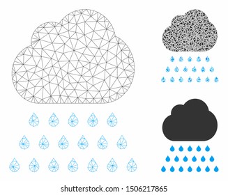 Mesh rain cloud model with triangle mosaic icon. Wire frame triangular mesh of rain cloud. Vector mosaic of triangle parts in different sizes, and color tinges. Abstract 2d mesh rain cloud,