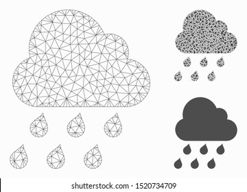 Mesh rain cloud model with triangle mosaic icon. Wire frame polygonal mesh of rain cloud. Vector mosaic of triangle parts in different sizes, and color tinges. Abstract 2d mesh rain cloud,