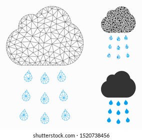 Mesh rain cloud model with triangle mosaic icon. Wire frame polygonal mesh of rain cloud. Vector mosaic of triangle elements in different sizes, and color shades. Abstract 2d mesh rain cloud,
