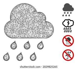 Mesh rain cloud web icon vector illustration. Model is based on rain cloud flat icon. Network forms abstract rain cloud flat model. wireframe flat web network isolated on a white background.
