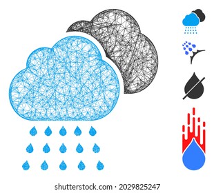 Mesh Regen Wolken Web-Symbol Vektorgrafik. Carcass-Modell basiert auf Regenwolken flach Symbol. Mesh bildet abstraktes Regenwolken-Flachmodell. Wire-Rahmen-Flachnetz einzeln auf weißem Hintergrund.