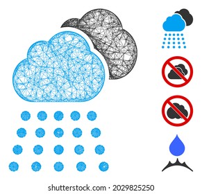 Mesh rain clouds web icon vector illustration. Model is based on rain clouds flat icon. Network forms abstract rain clouds flat model. Wire frame flat web network isolated on a white background.