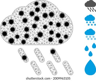 Mesh rain polygonal icon vector illustration, with black virus elements. Model is based on rain flat icon, with covid elements and polygonal mesh. Triangular mesh forms abstract rain flat model.
