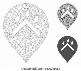 Mesh rain protection marker model with triangle mosaic icon. Wire carcass polygonal mesh of rain protection marker. Vector mosaic of triangle parts in different sizes, and color shades.