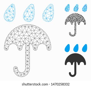 Mesh rain protection umbrella model with triangle mosaic icon. Wire frame triangular mesh of rain protection umbrella. Vector mosaic of triangle elements in various sizes, and color tinges.