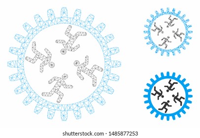 Mesh rat race gear model with triangle mosaic icon. Wire carcass polygonal mesh of rat race gear. Vector mosaic of triangle parts in different sizes, and color hues. Abstract 2d mesh rat race gear,